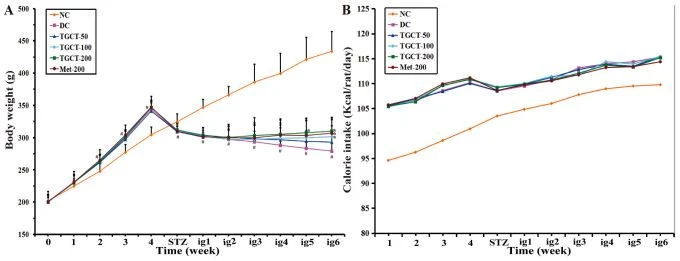 Fig. 2. Effects of TGCT on body weight (A) and calorie intake (B) in STZ-induced diabetic rats. Fig. 2. Effects of TGCT on body weight (A) and calorie intake (B) in STZ-induced diabetic rats.