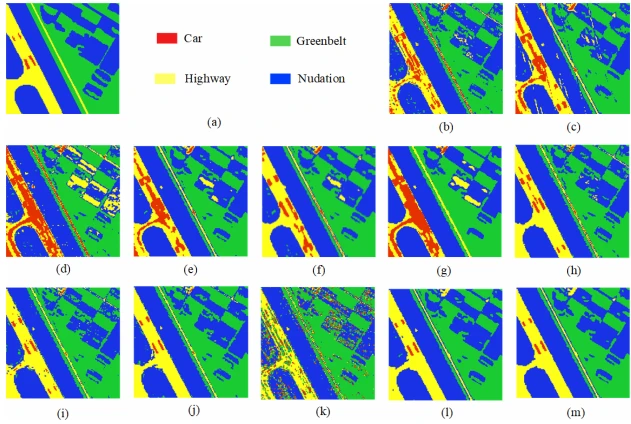 Fig. 3. Area 1 classification results. (a) Ground Truth. (b) FCM. (c) ENFCM. (d) FGFCM. (e) FLICM. (f) ADFLICM. (g) FRFCM. (h) FCM_SICM. (i) MRE-DE. (j) P-Kmeans. (k) GA. (l) nGA. (m) TE-nGA.